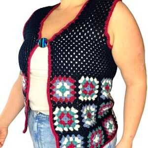 Hand Knit Granny Square Crochet Patchwork Sweater Jumper Vest Cardigan Medium